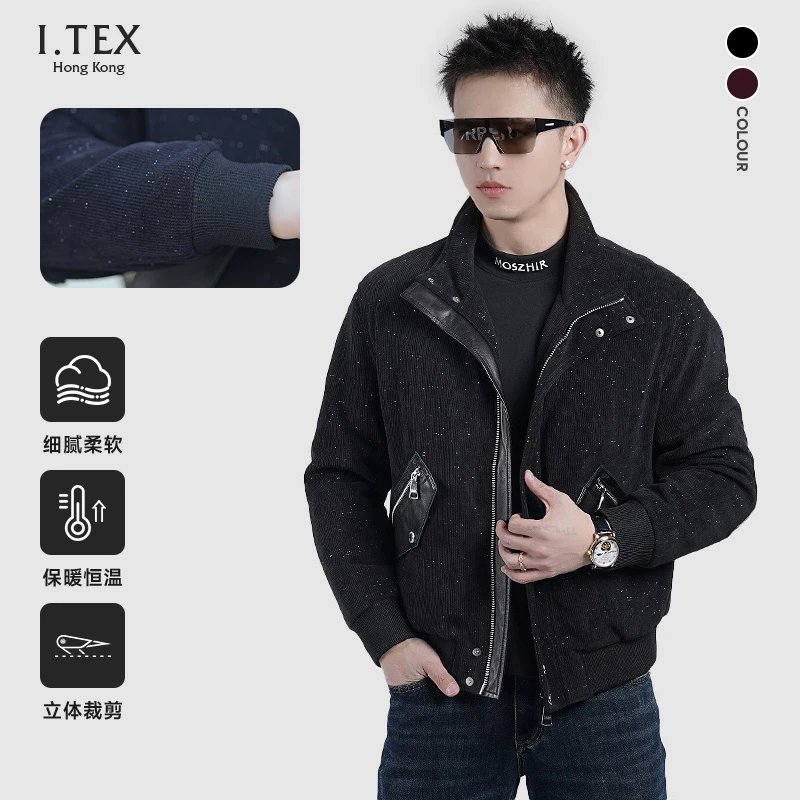 【ITEX】冬季重工潮流烫印时尚鹅绒夹克男时尚休闲灯芯绒保暖羽绒服