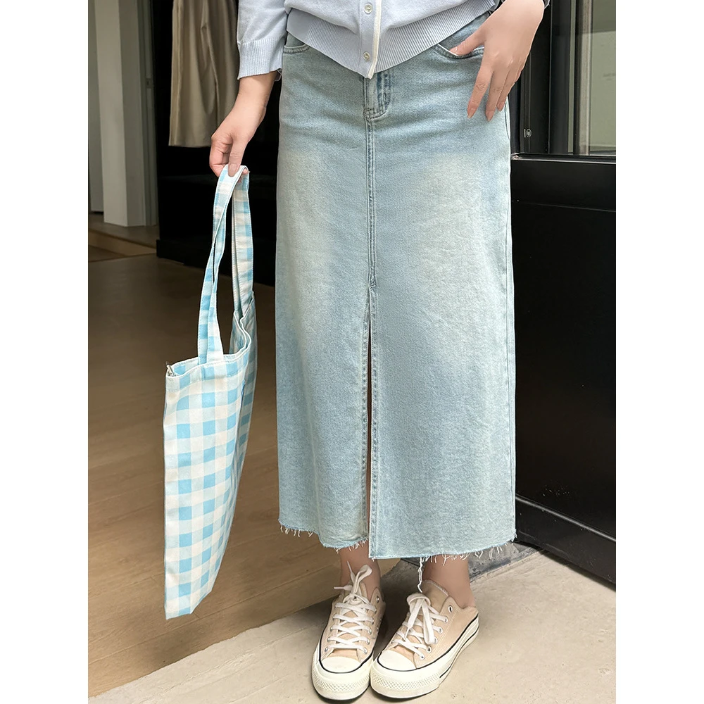 大码女装开叉牛仔裙女高腰a字裙2025夏款胖mm百搭宽松半裙NQ1151