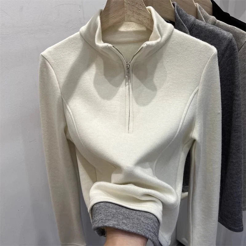 立领拉链拼接假两件长袖t恤女2025秋冬新款洋气内搭打底衫上衣潮