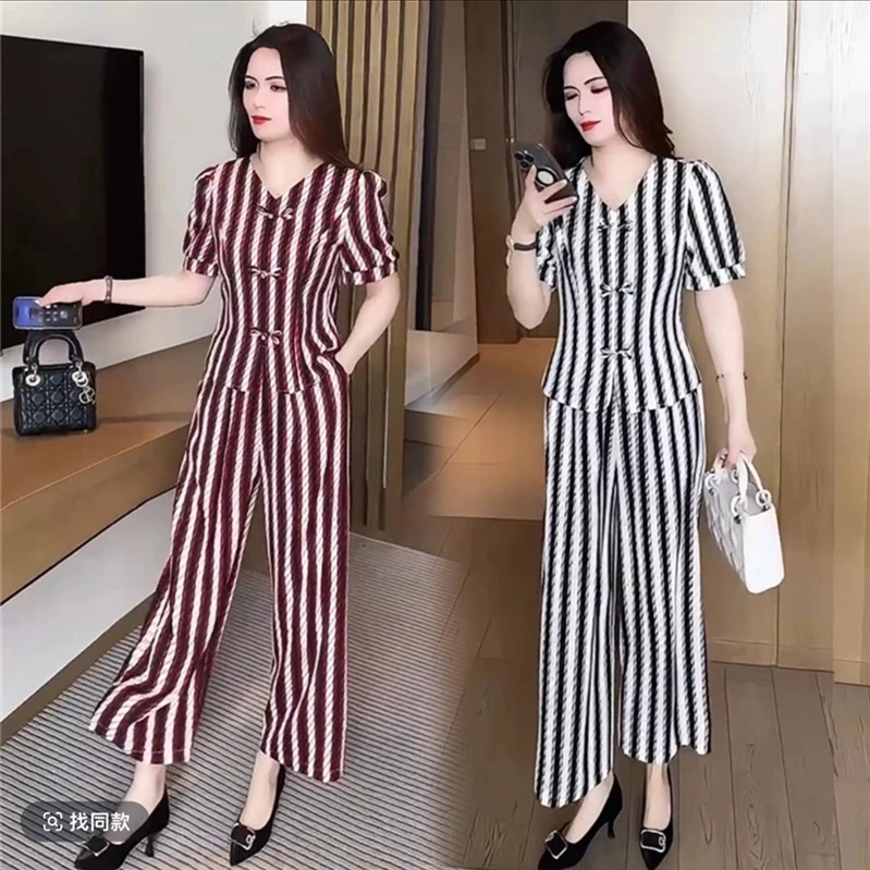 新中式时尚冰丝套装女2025夏季新款洋气显瘦盘扣短袖套装气质高腰