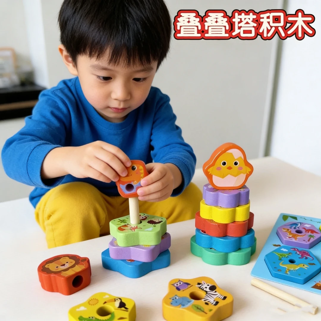 早教启蒙彩虹塔木质彩虹叠叠乐积木儿童趣味益智形状配对套塔玩具