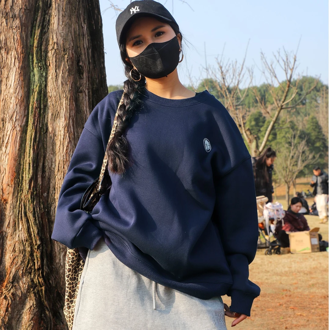 卫衣圆领春秋冬韩纯棉爆款质感韩版美式藏青宽松外穿SG洋气衣服女