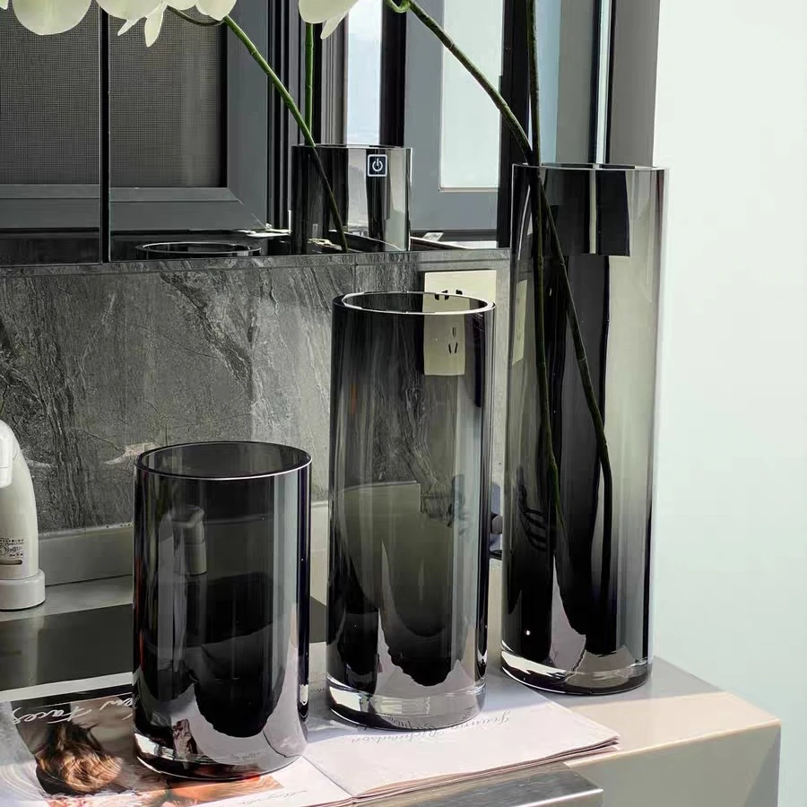 透明烟灰色直筒花瓶 水培鲜花百合玫瑰富贵竹加厚款高级货