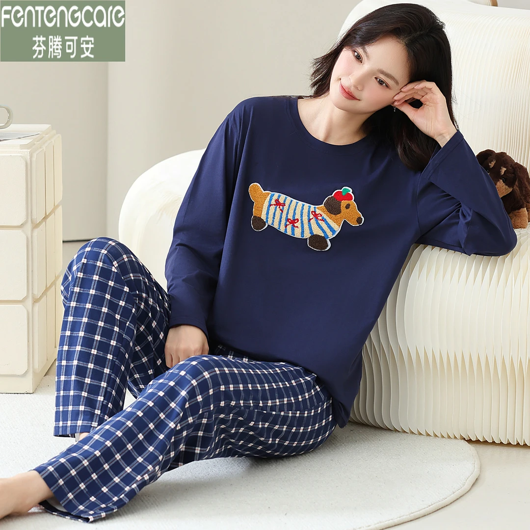 芬腾可安秋季新款长袖家居服柔软纯棉秋冬款卡通睡衣女款圆领套装