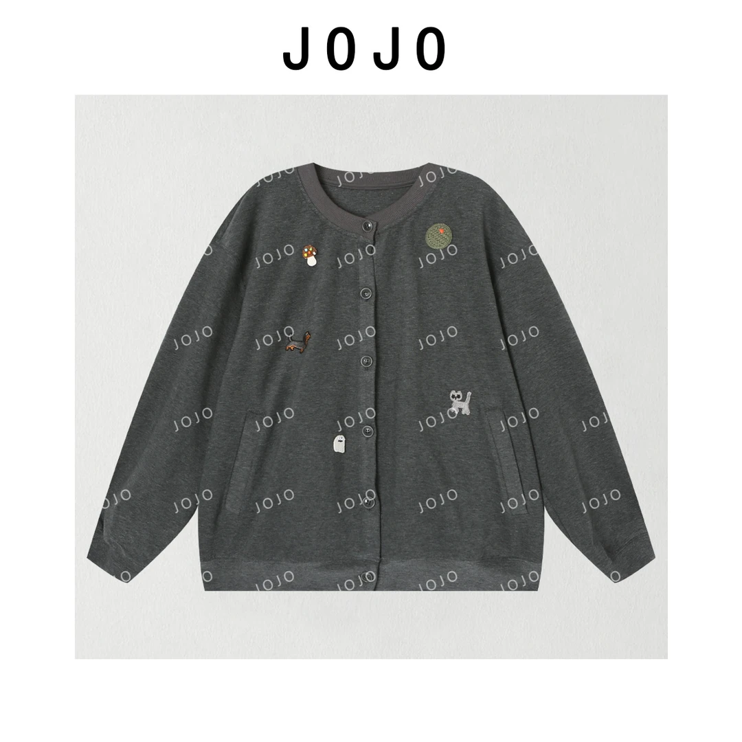 玖了个玖 2025早秋 极简立体贴布绣趣味单排扣卫衣外套 2508C4731