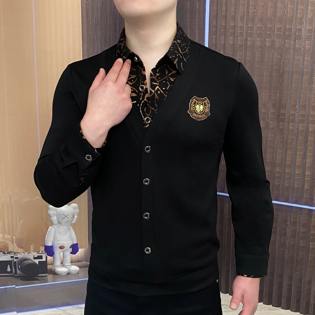 2025春季虎纹假两件男士长袖轻奢时尚休闲潮流修身商务帅气