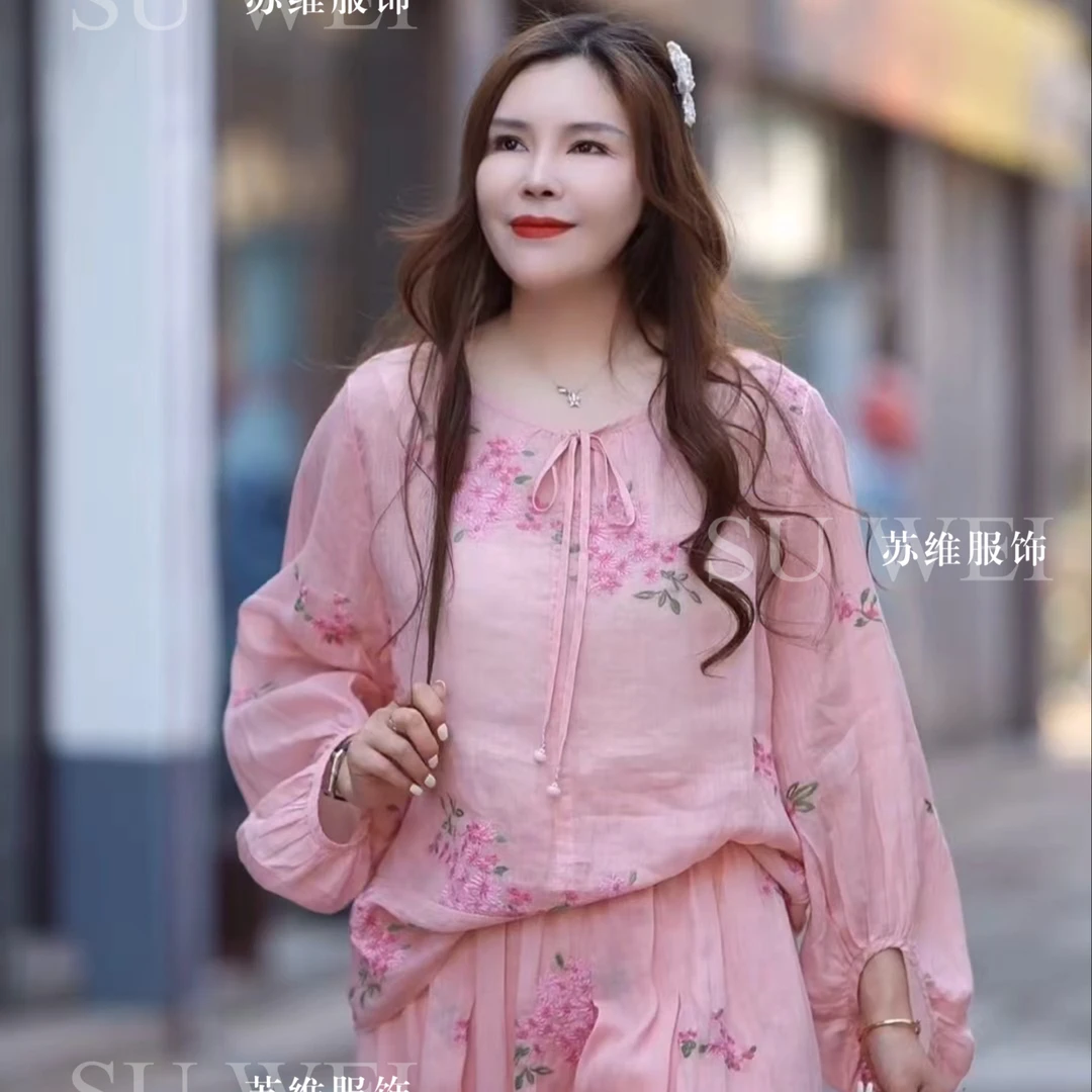 9302-1女士苎麻中式修身长袖衬衫复古圆领时尚百搭打底休闲