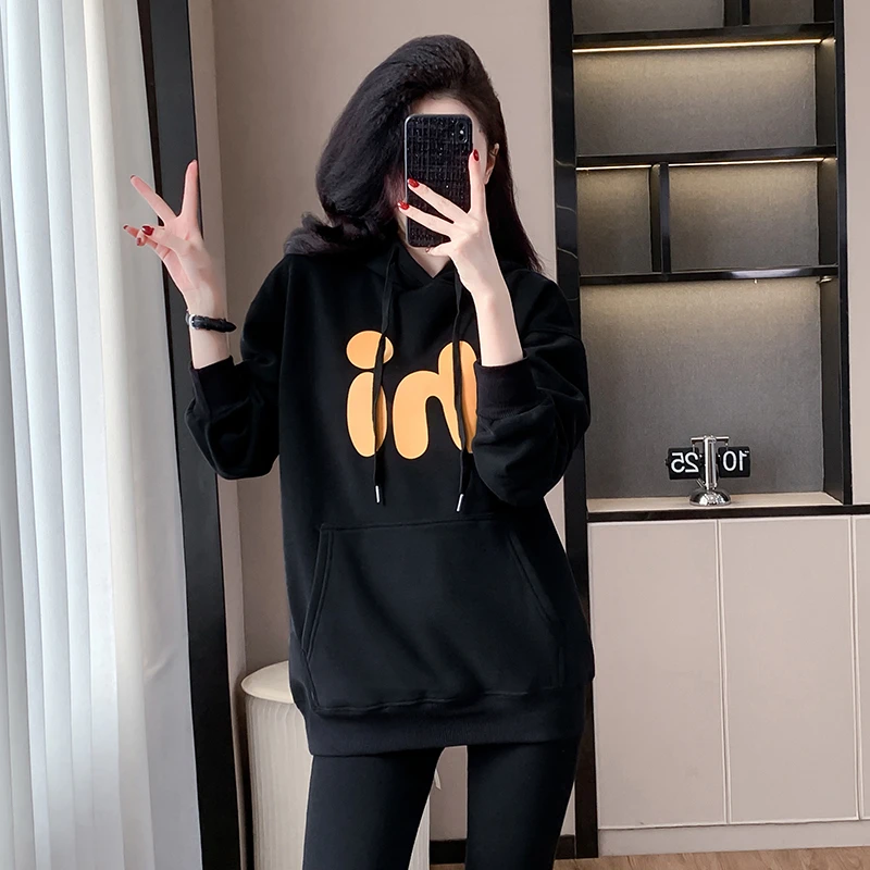 字母长袖休闲风套头常规连帽卫衣上衣春秋中长款女装禅意仙气飘飘