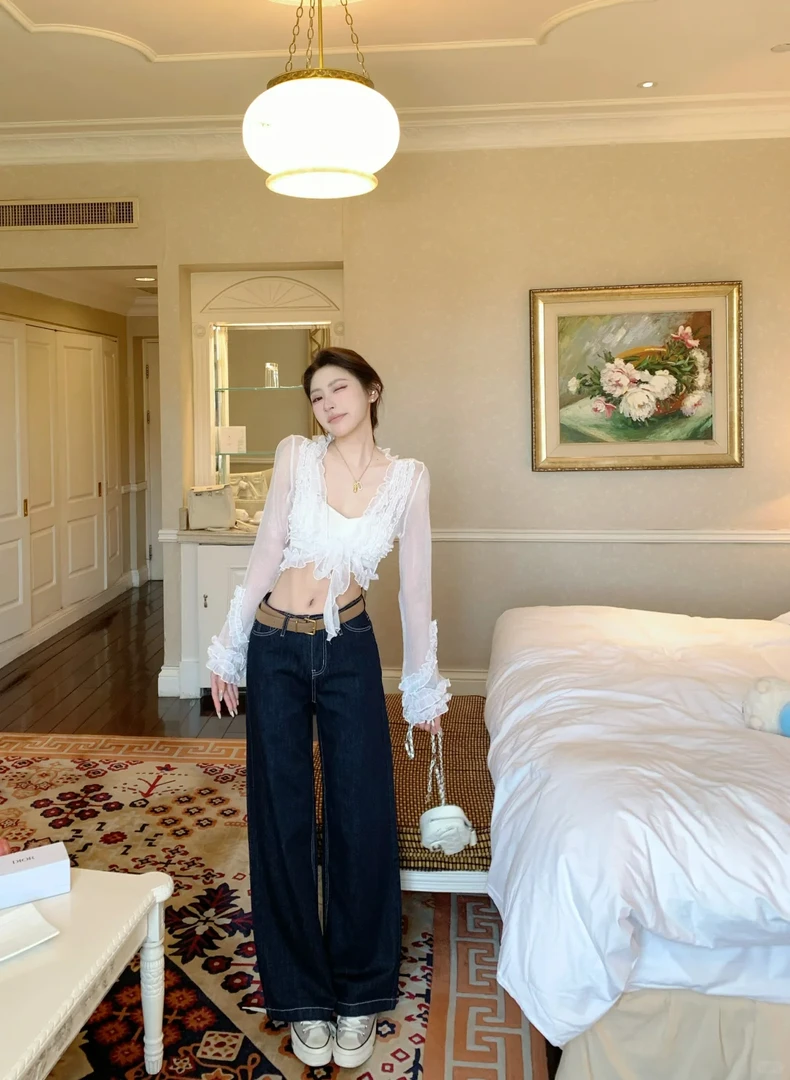 轻透美学辣妹荷叶边雪纺小衫短款上衣女2025新款显瘦牛仔裤子套装