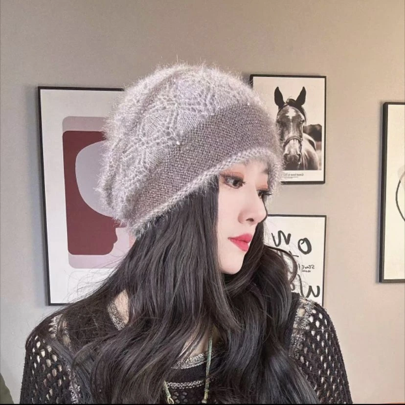 新款堆堆帽秋冬拼色水钻双层加厚保暖防风韩版女士百搭编织帽子