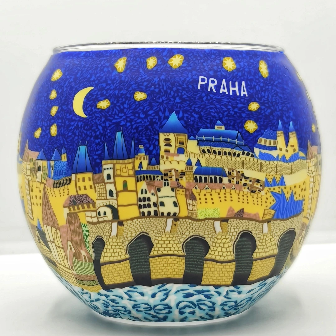 手工软陶梵高星月夜风布拉格 PRAGA 古城桥夜景装饰文创摆件