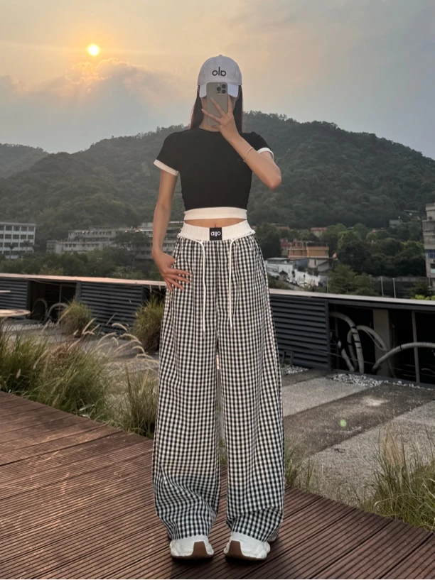 夏季薄款格子阔腿长裤辣妹大女主垂感多巴胺拖地裤