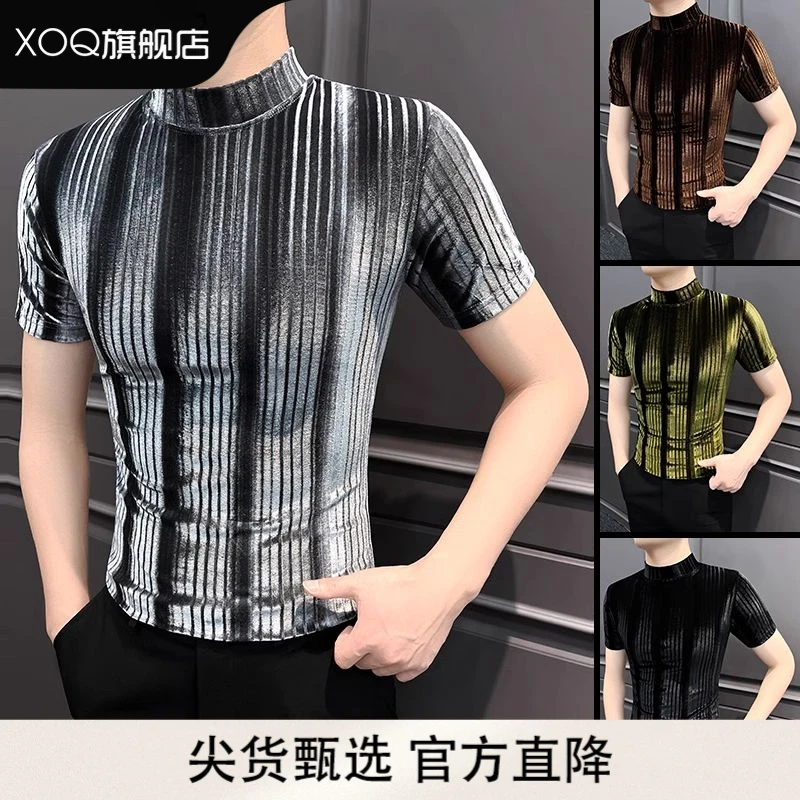 XOQ官方金丝绒条纹短袖t恤男士2025新款男装内搭半高领打底衫潮男