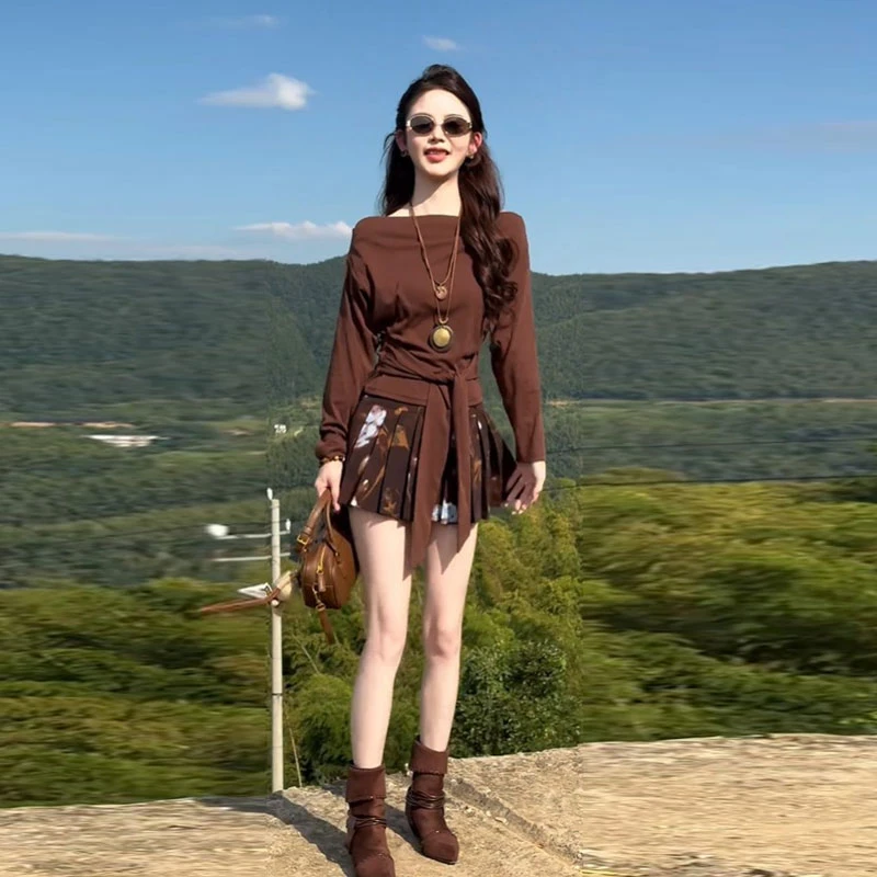 复古独特超好看一字肩上衣半身裙两件套装一整套ootd穿搭2025秋季