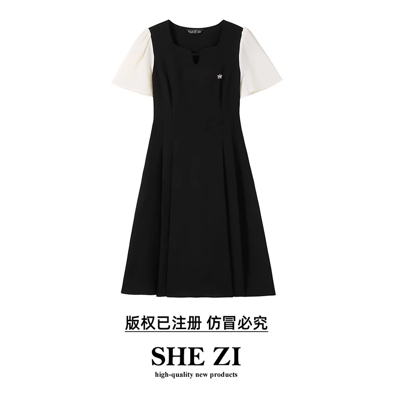 奢姿2025年夏季新款大码女装简约裙子胖妹妹气质方领短袖连衣裙