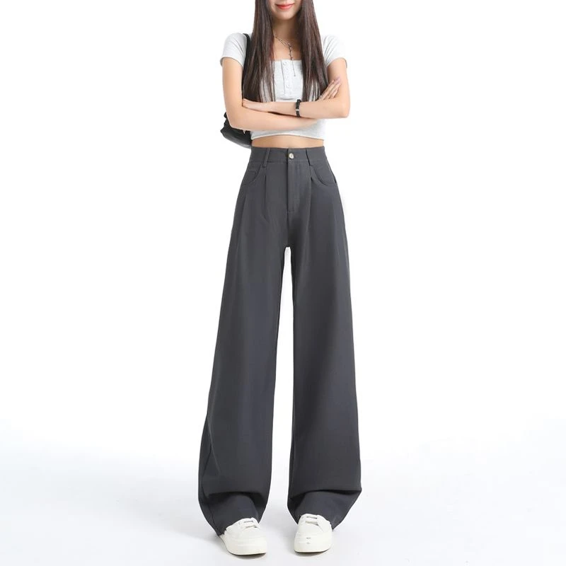 褶皱窄版阔腿西装裤女夏季薄款小个子高腰显瘦垂感九分直筒休闲裤