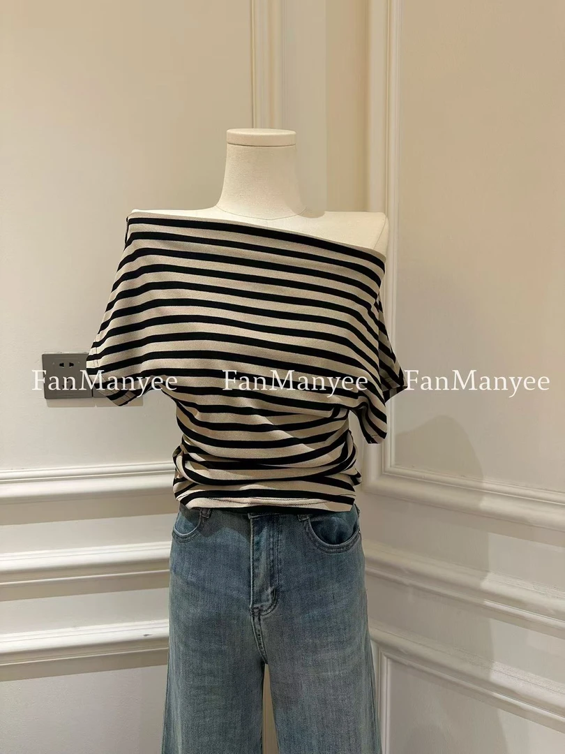 【平行线】春夏法式可一字肩可斜肩条纹修身显瘦百搭短袖T恤x