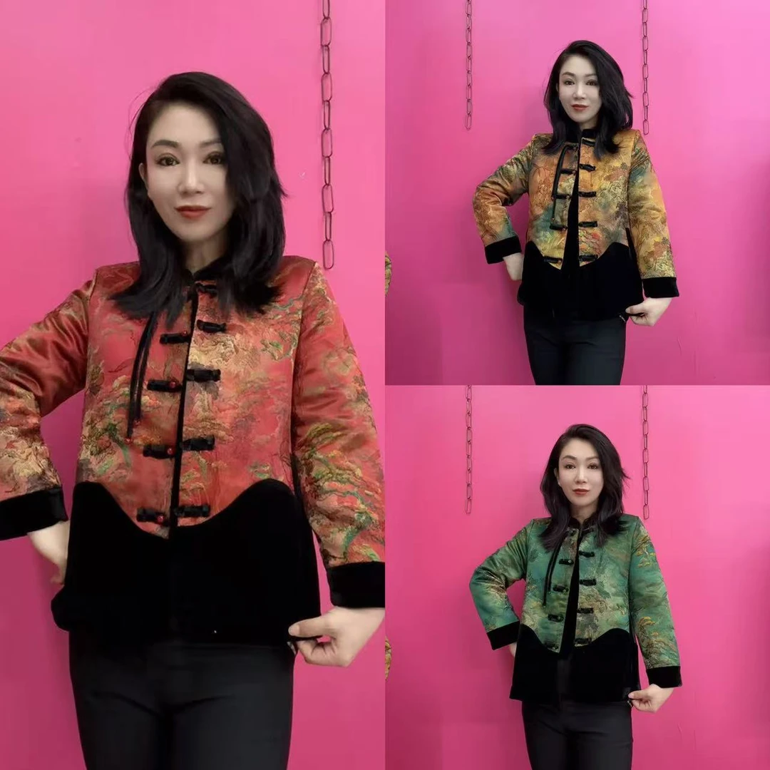 冬季款国风丝绒拼接中老年唐装棉服外套（加棉）