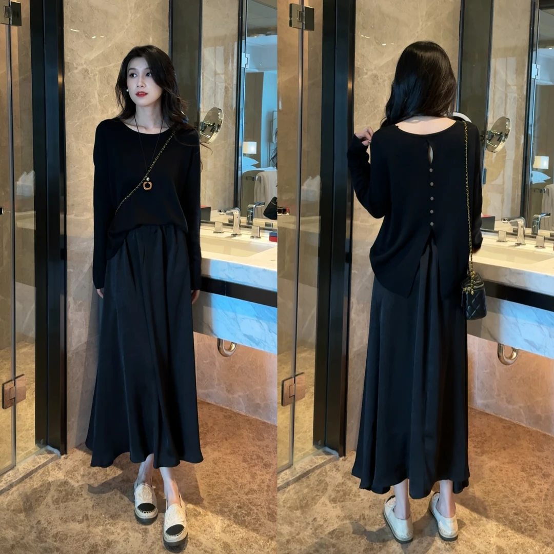后背开叉纽扣设计显瘦针织上衣女+垂坠显瘦高腰半身裙两件套套装