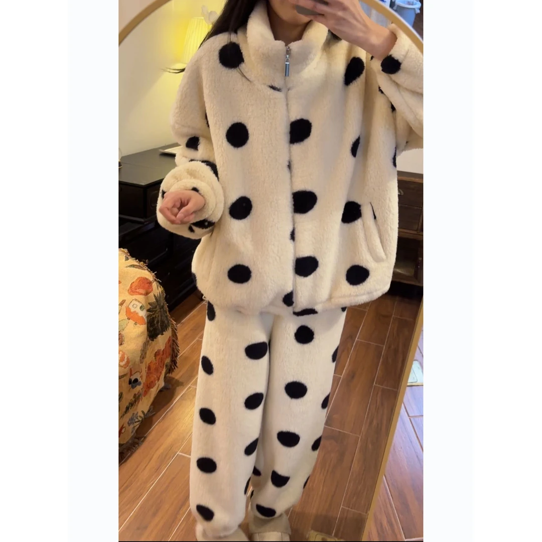 【加厚升级版】睡衣女2025新款冬季长毛绒白色波点家居服保暖套装