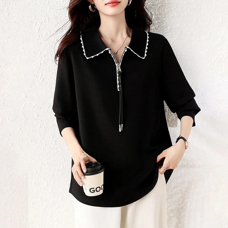 【女神新衣】休闲翻领黑色卫衣女2025秋季新款宽松上衣大码女装潮