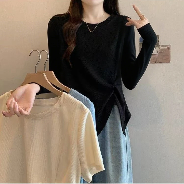 大码黑色正肩t恤长袖女2025新款秋季胖mm不规则遮肚显瘦微胖上衣