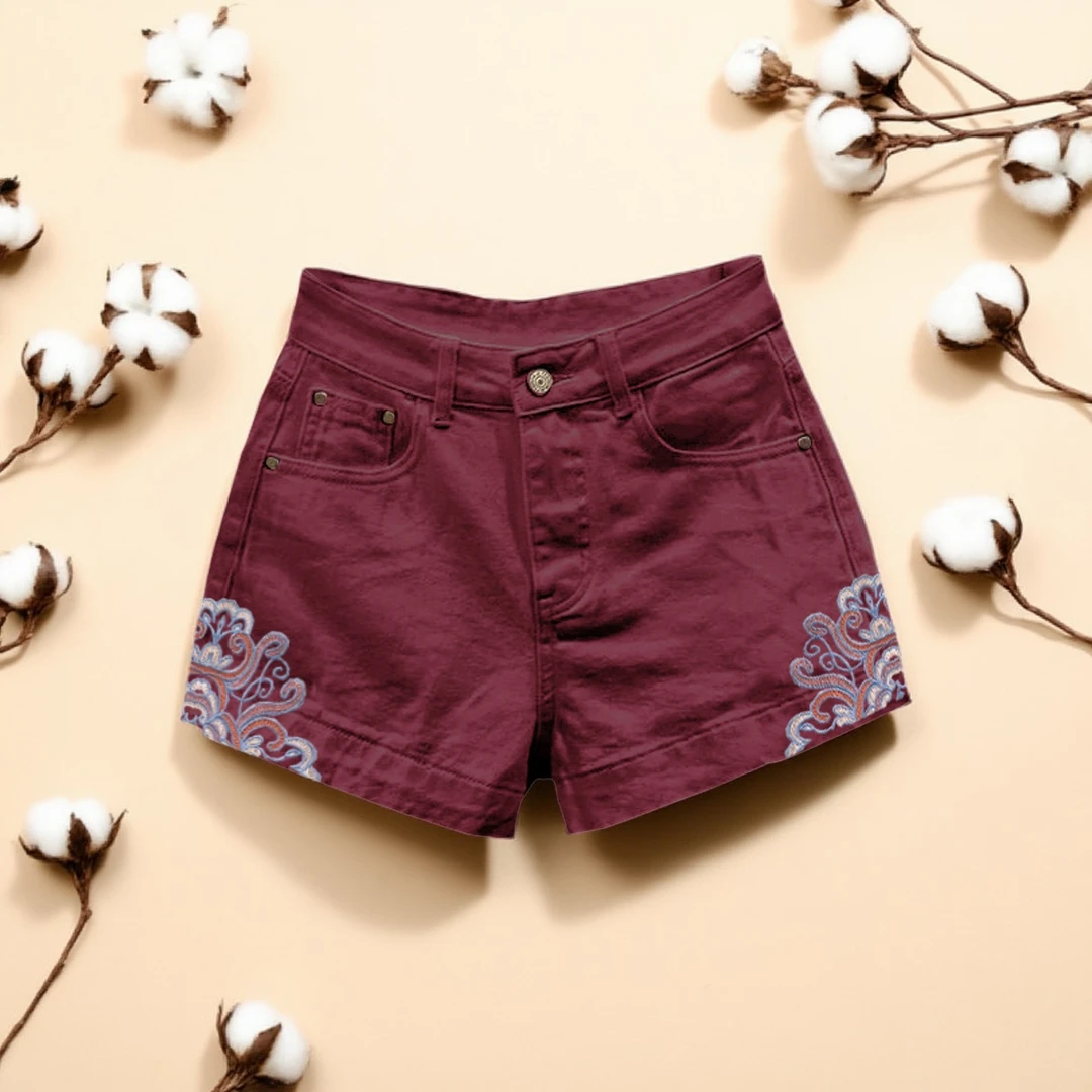 安可拉红2025年夏季新中式刺绣牛仔短裤女高腰休闲百搭a字热裤