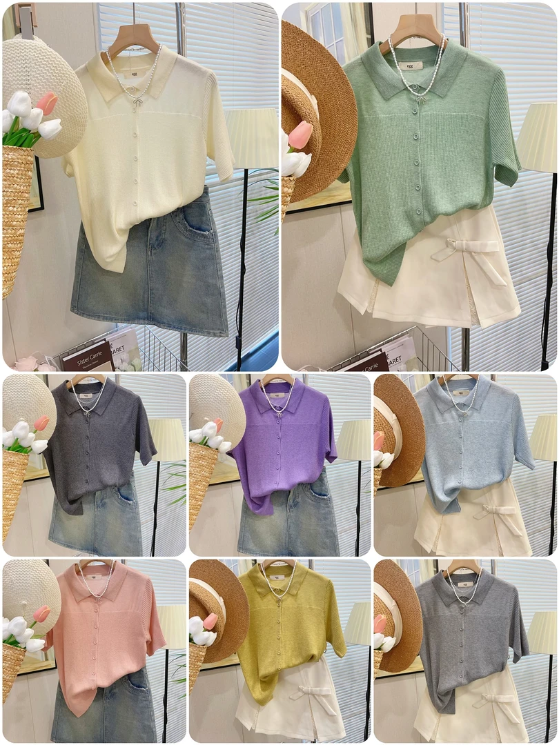 精纺开衫薄款POLO领针织衫夏季显瘦宽松短袖上衣短款纯色翻领