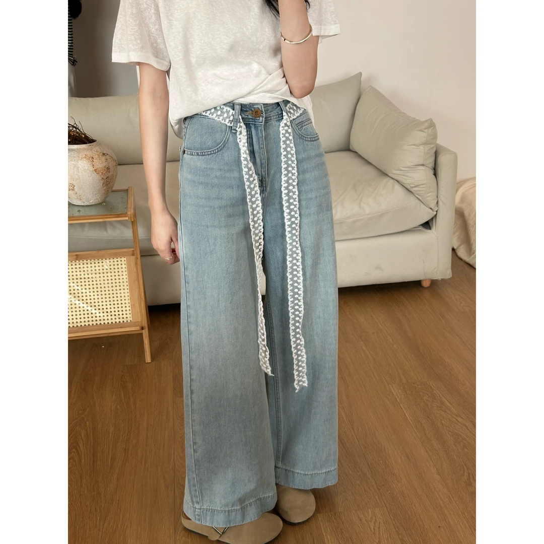 33162#【入夏百搭神裤】韩系简约风蕾丝腰带通勤直筒牛仔裤
