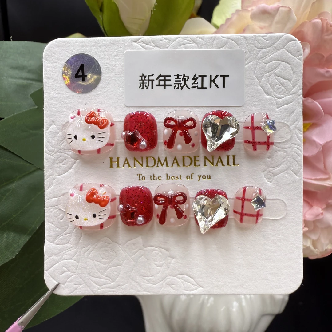宝宝美甲爆款新年战甲红色凯蒂指甲蝴蝶结爱心纯手工新年小可爱