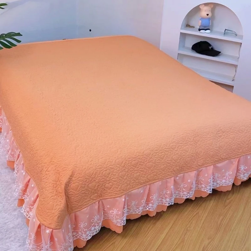 A泡泡棉大花边床盖《橘色》四季纯色不滑床
