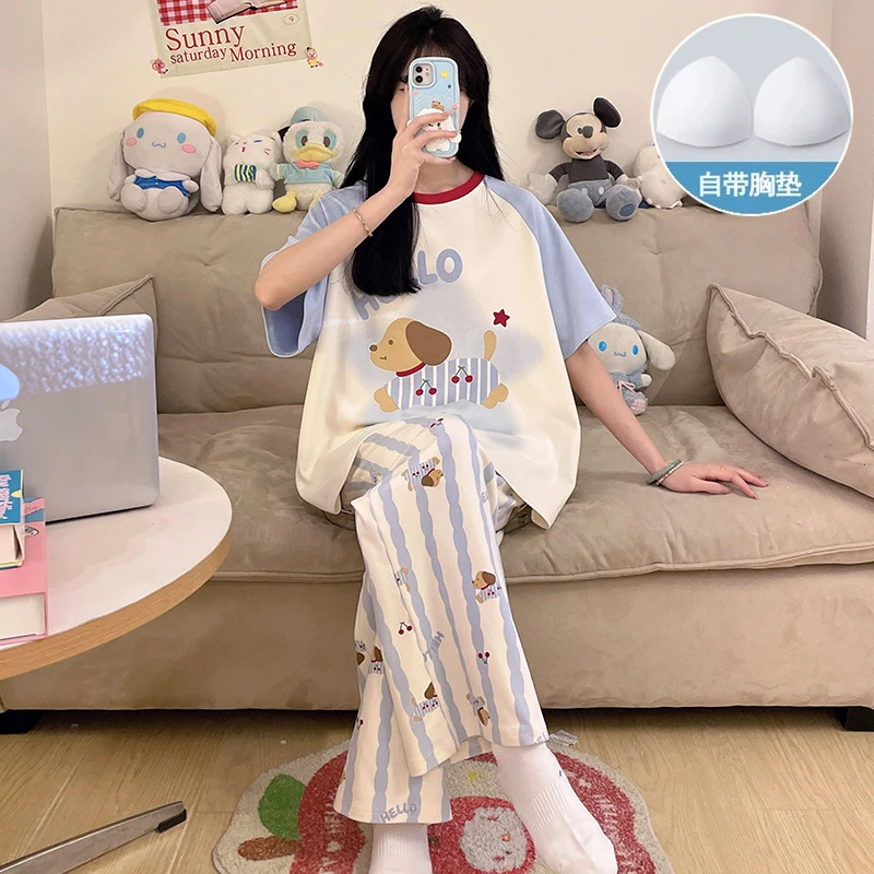 带胸垫短袖长裤儿童睡衣女12-15发育期纯棉夏季大童少女孩春秋款