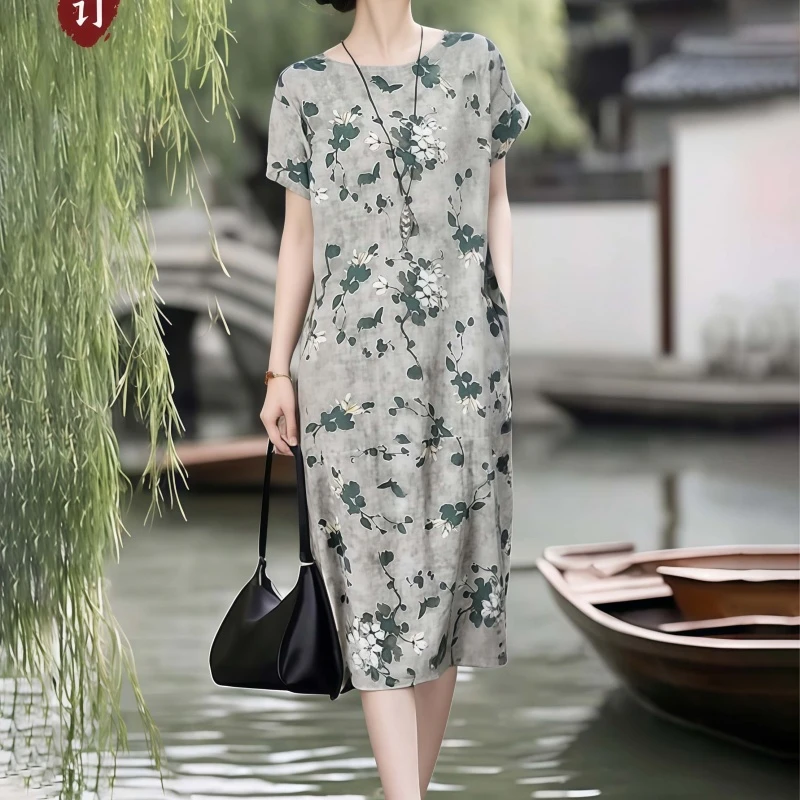 素订女装原创品牌旗舰店中国风文艺显瘦复古苎麻印花国风连衣裙