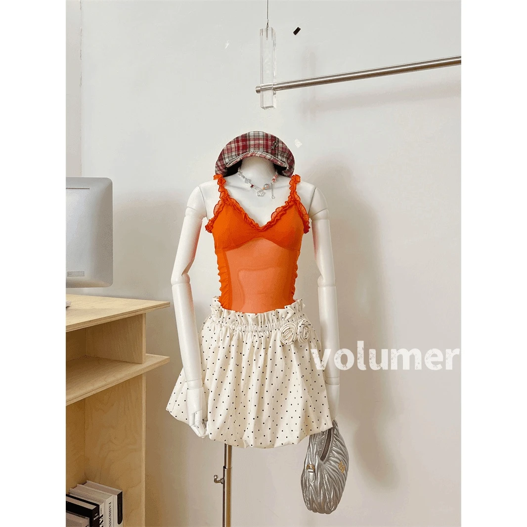 【volumer实拍】减龄小众吊带背心上衣立体花朵休闲波点花苞短裤女