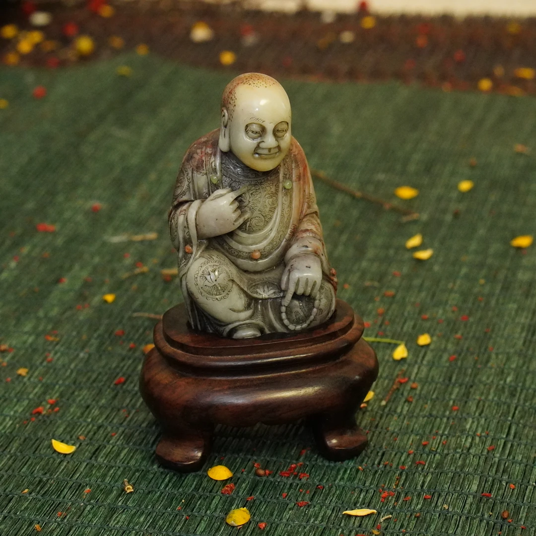 民国 【槐荫山房】/HY2809/民国寿山石罗汉座像红木座