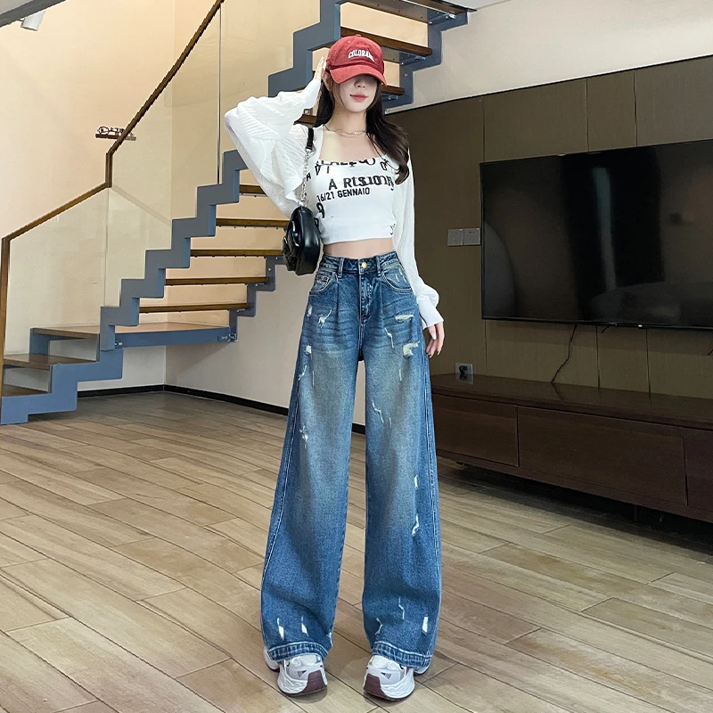春夏季薄款宽松垂感显瘦直筒破洞牛仔阔腿牛仔裤阔腿裤女款爆款