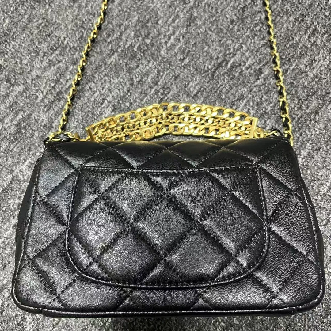 姝宴真皮女包链条字黑色