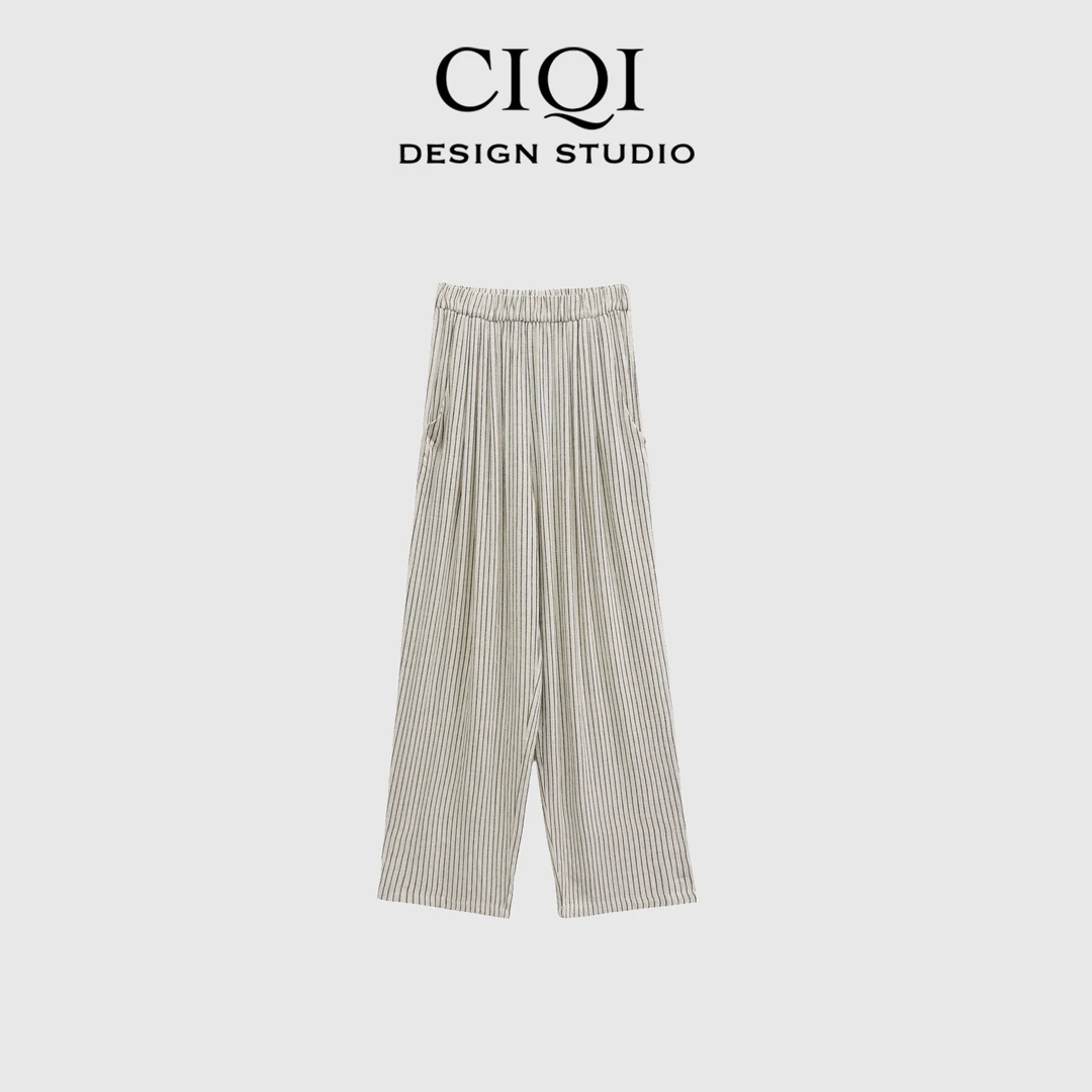 CIQI STUDIO 【条纹麻裤】夏季肌理感条纹直筒垂感休闲麻裤K60008