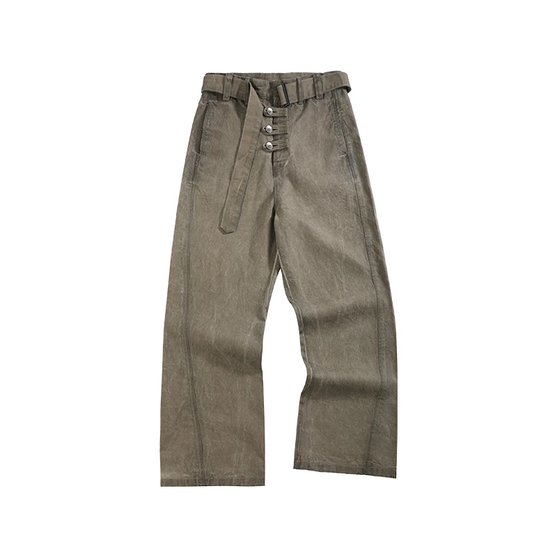 Slight Voque“麻岩”棉质泥染落色剪裁做旧腰带灯笼直筒帆布裤