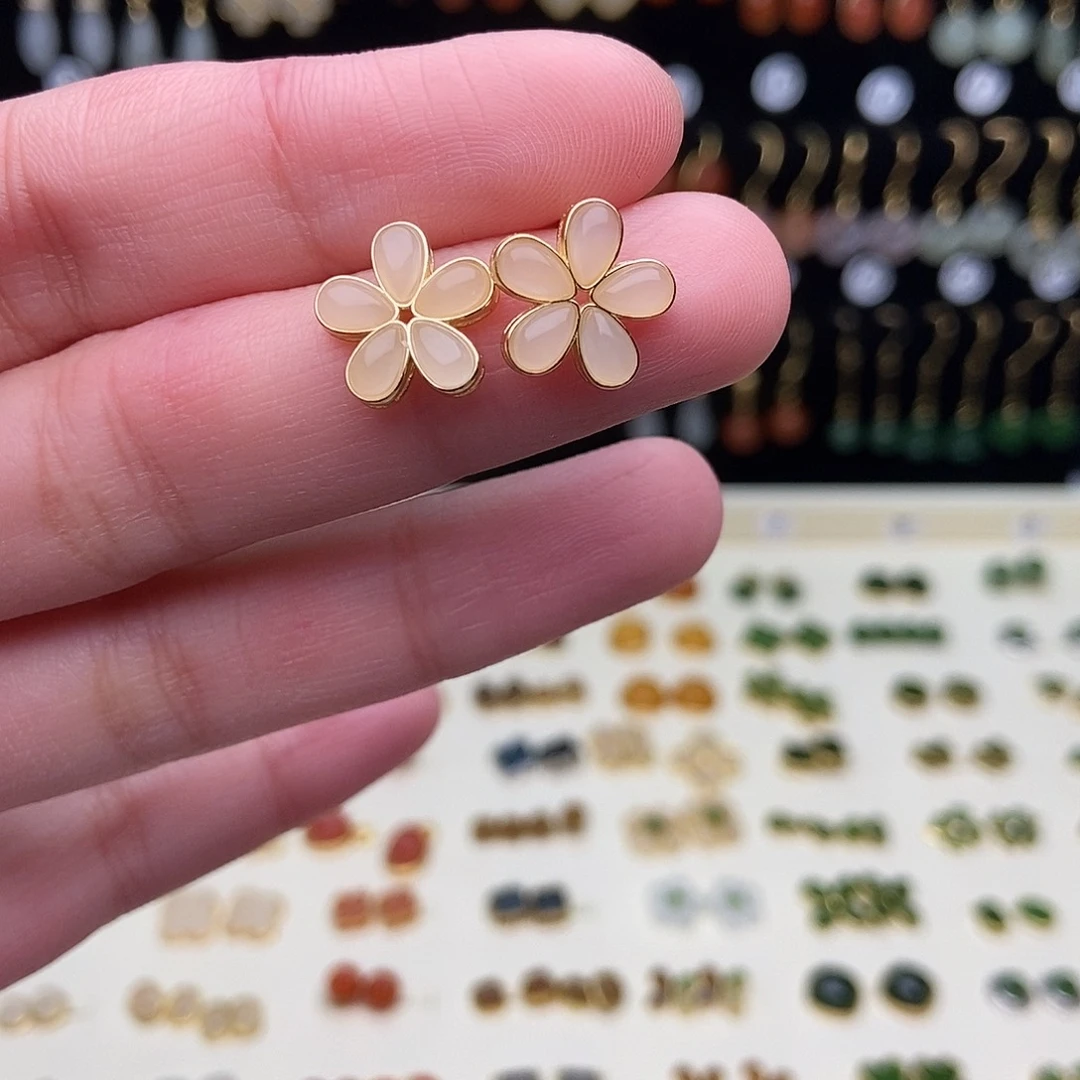 和田玉银S925镀金镶嵌耳饰