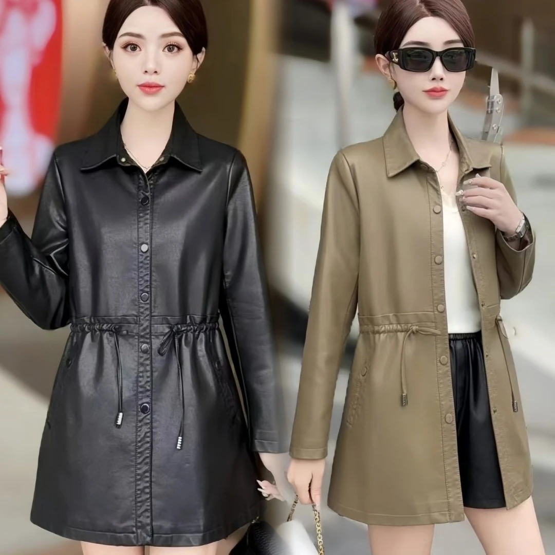 皮衣女中长款2025海宁新款高贵休闲收腰显瘦中年妈妈装皮风衣外套