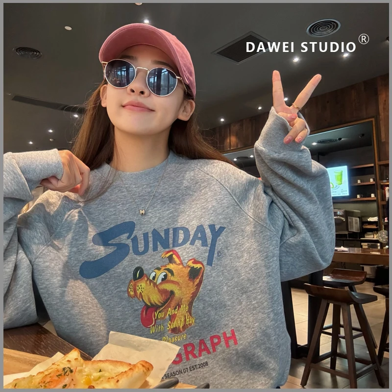 2025新款秋冬潮流长袖休闲百搭宽松印花圆领韩版时尚慵懒风卫衣