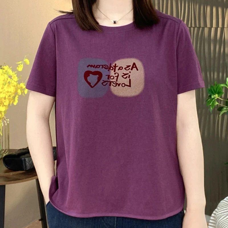 新款印花圆领短袖宽松型时尚柔软舒适T恤上衣简约休闲妈妈夏装