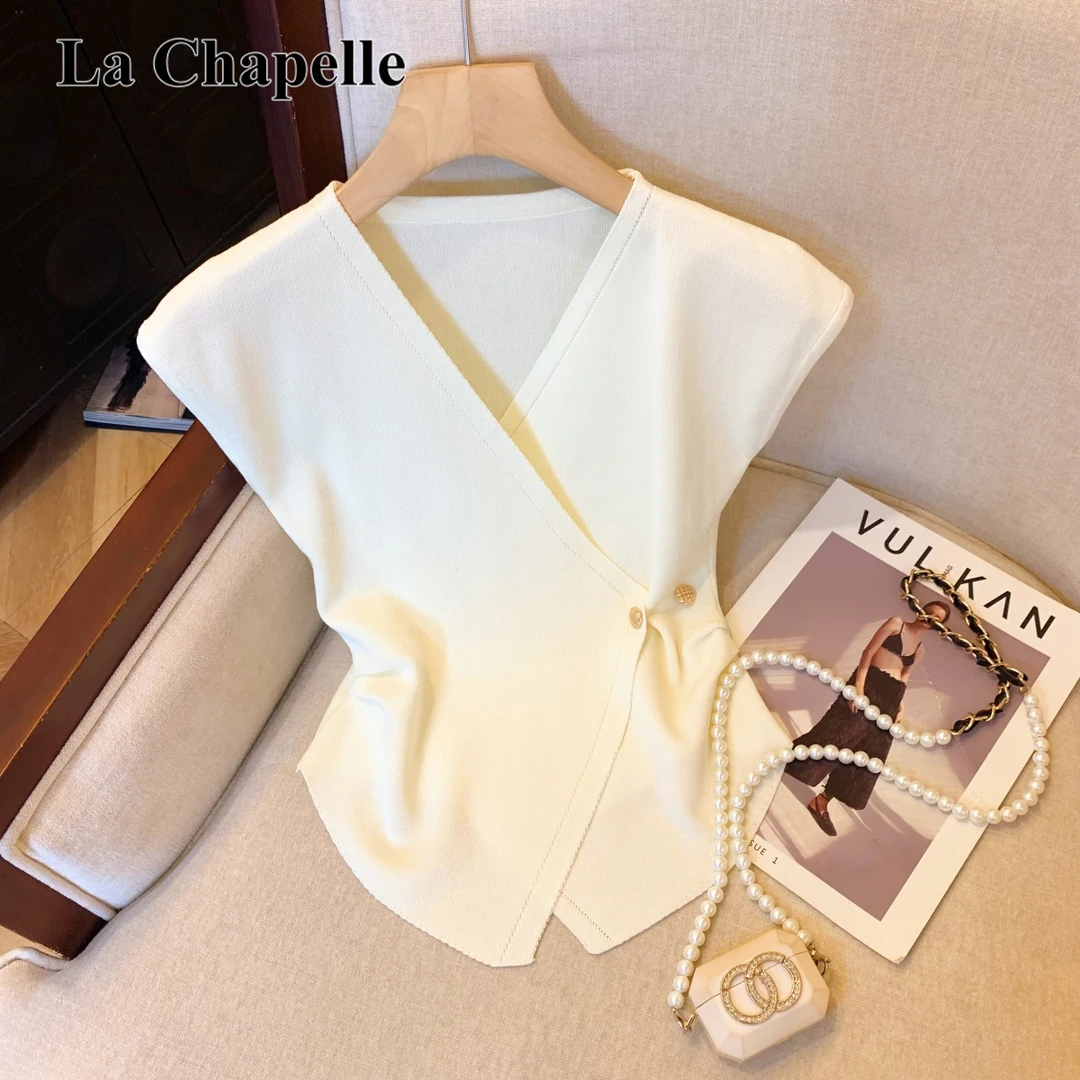 拉夏贝尔不规则交叉V领针织t恤女装夏季新款设计感别致小飞袖上衣