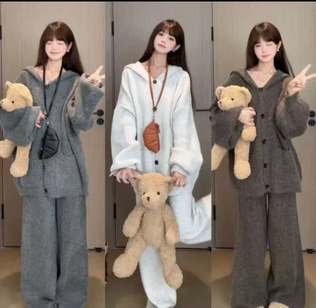 慵懒风灰色套装宽松开衫针织外套女秋季高腰休闲裤直筒长裤两件套