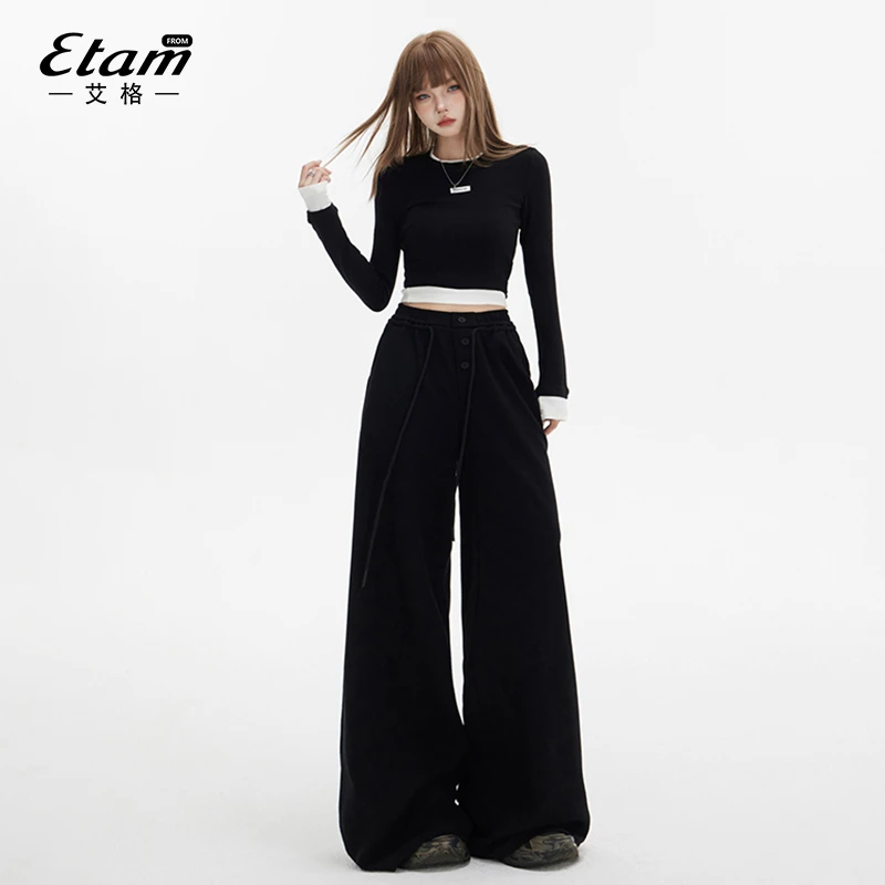艾格黑色休闲裤女2025早春新款高腰松紧抽绳显瘦阔腿裤宽松慵懒风