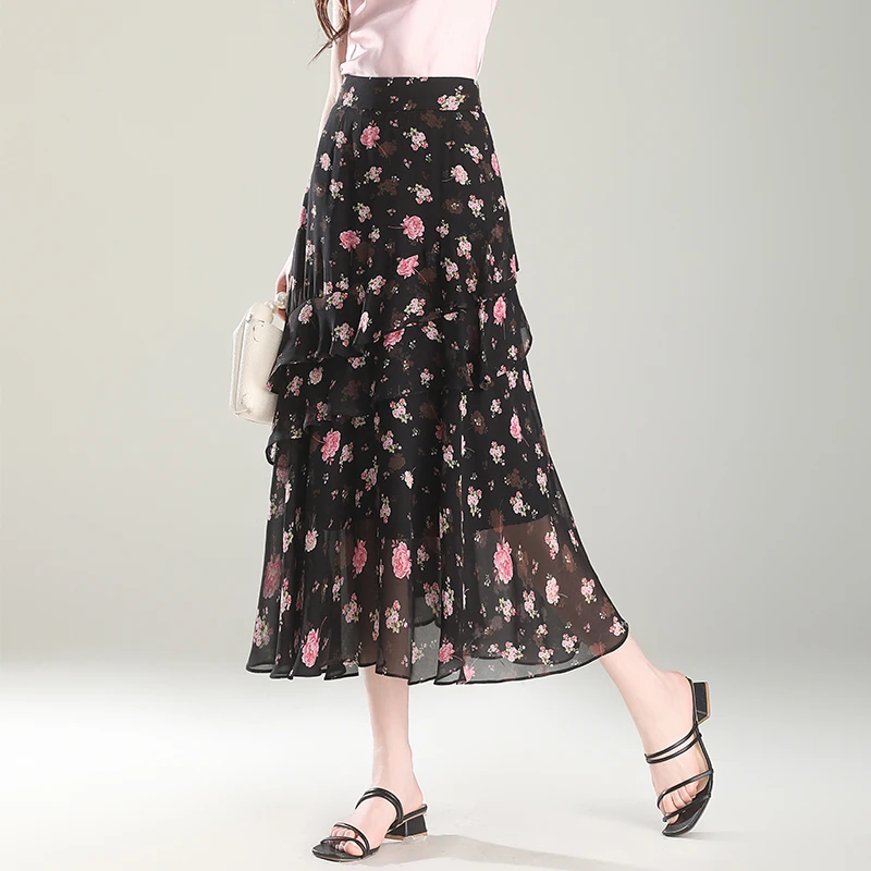 夏季半身裙女2025年新款高腰a字中长款飘逸大摆荷叶边雪纺碎花裙