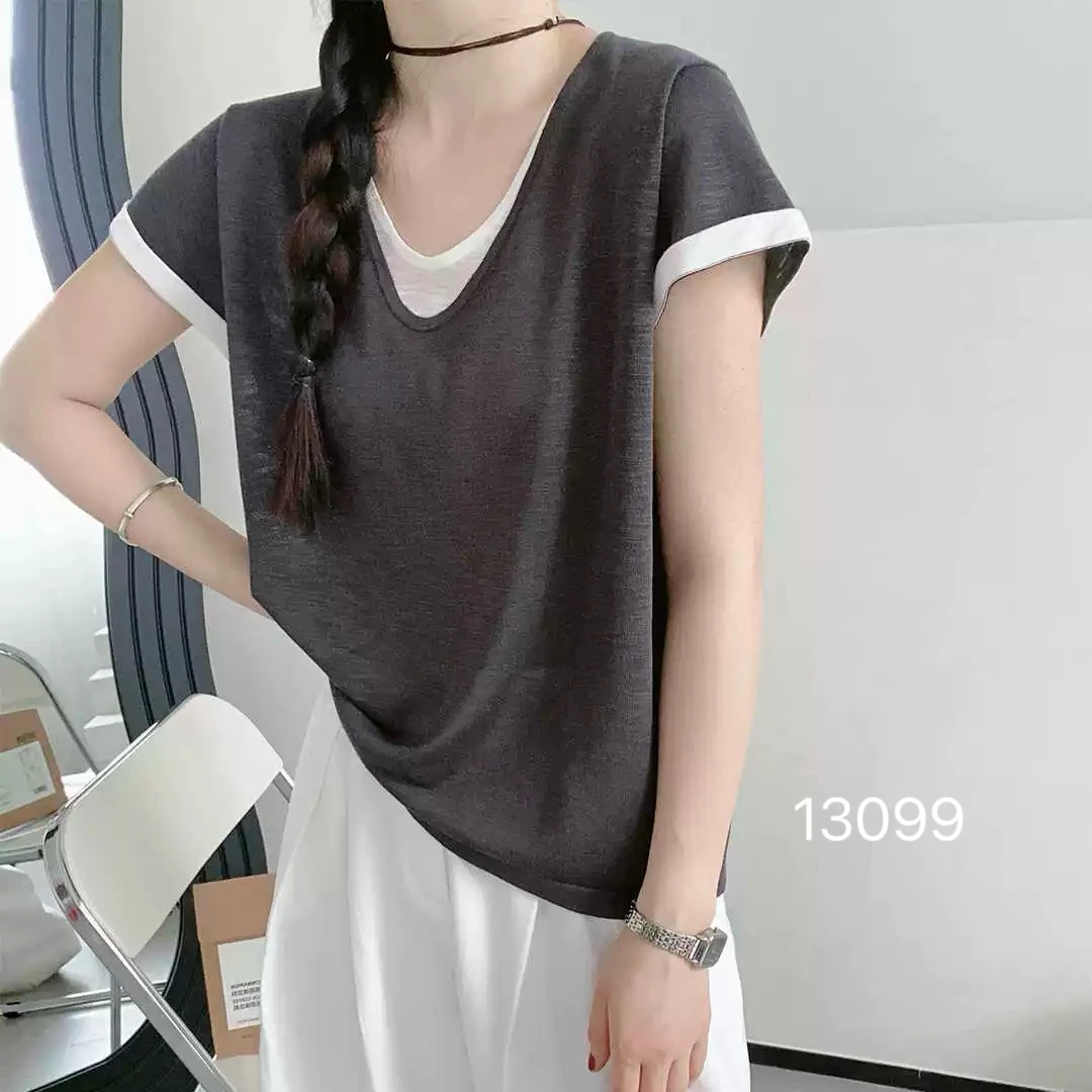 13099（部分无水洗唛，介意慎拍）WANGDAN新款假两件撞色短袖