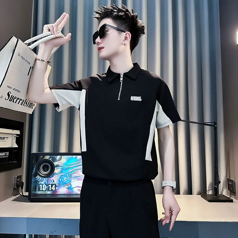Polo衫男款短袖夏季2025新款高级感痞帅拼接撞色半袖男士短袖t恤