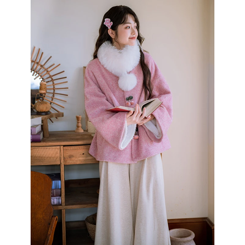 南风谷【桃酥】新中式复古立体装饰粉色国风加绒毛呢外套阔腿裤女冬